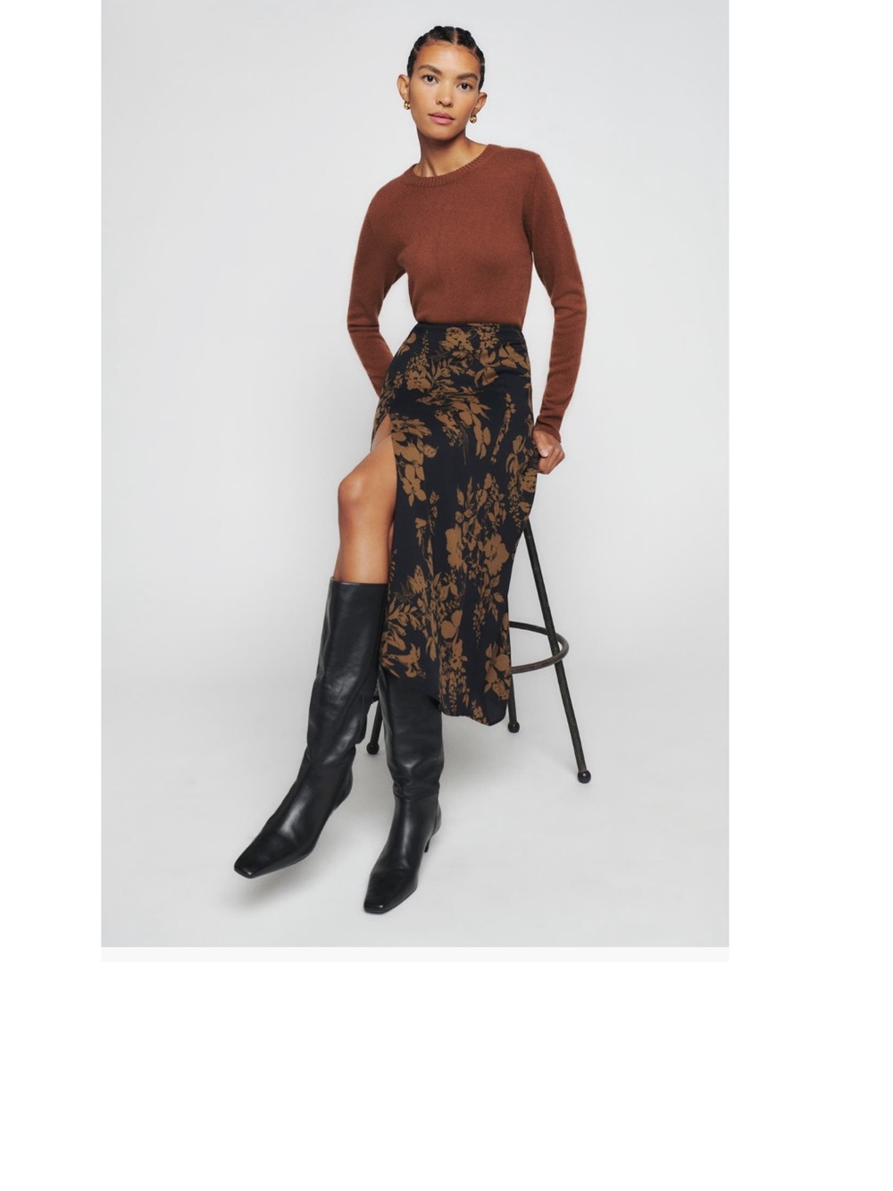 Reformation Zoe Side Slit Midi Skirt with Brown Floral Print and Front Slit